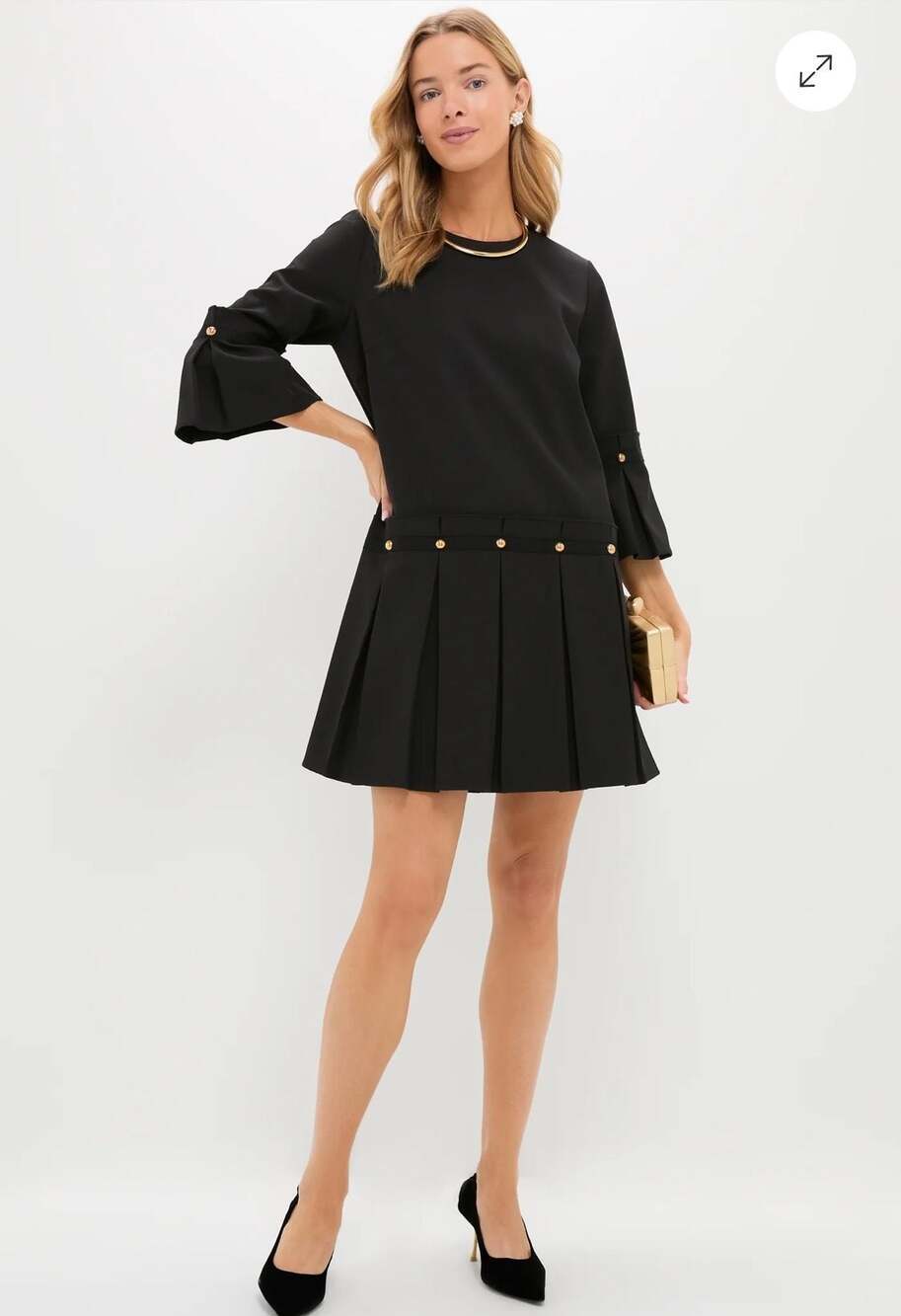 Tuckernuck Kennedy Drop Waist Pleated Mini Dress Size S Black Gold Buttons